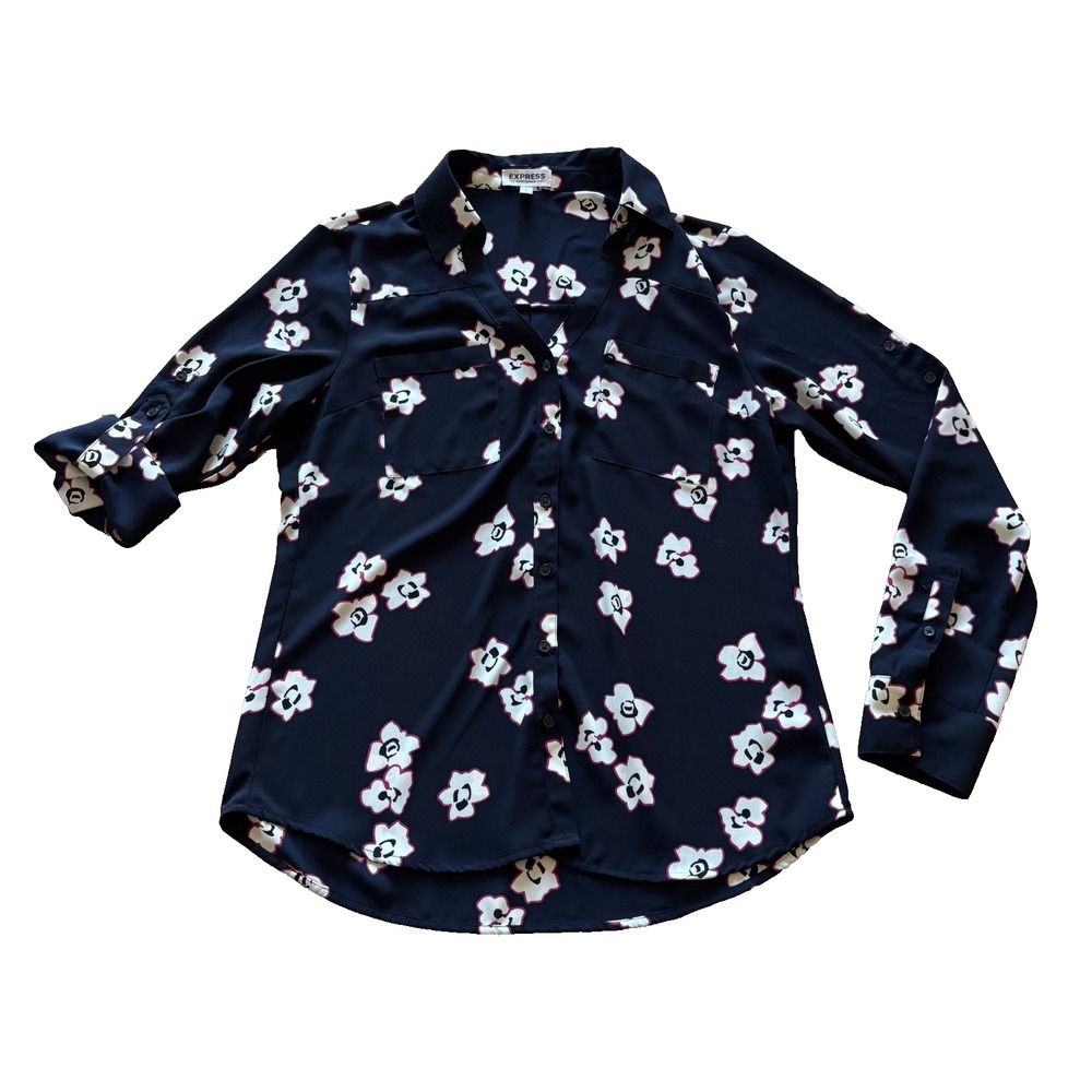 Express The Portofino Shirt‎ Navy Blue Floral Roll Tab Sleeve Blouse Small